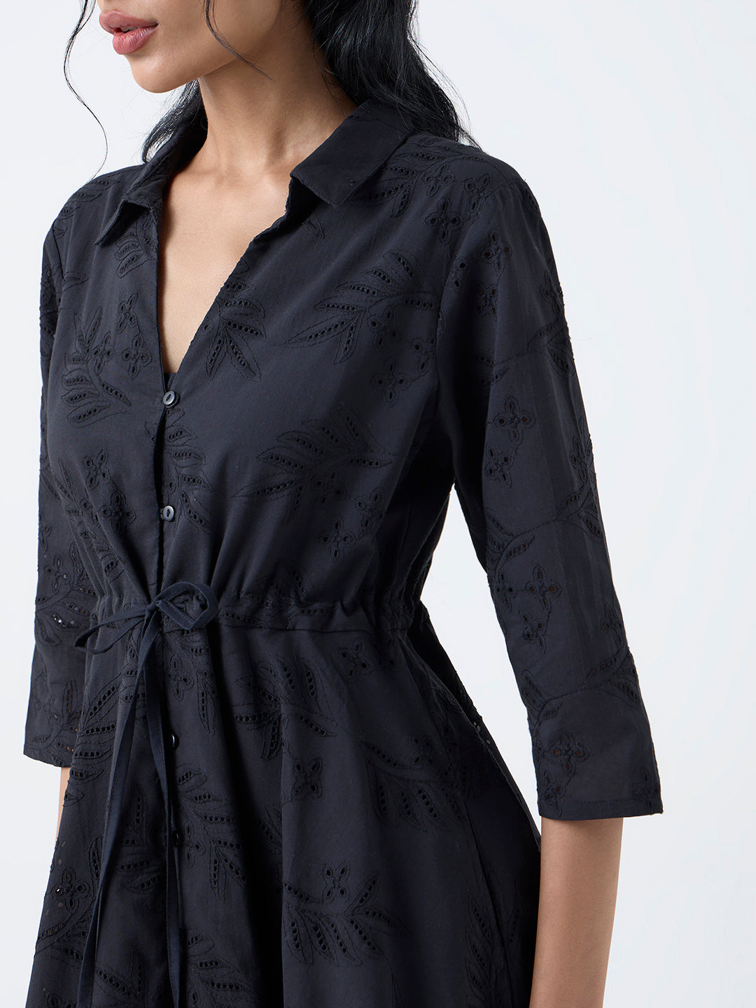 Bombay Paisley Black Schiffli Cotton Asymmetric Dress