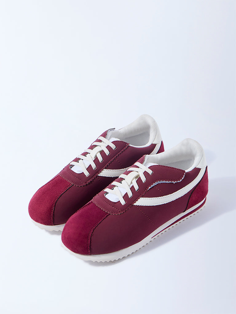 Yellow Maroon Stripe-Detail Lace-Up Sneakers