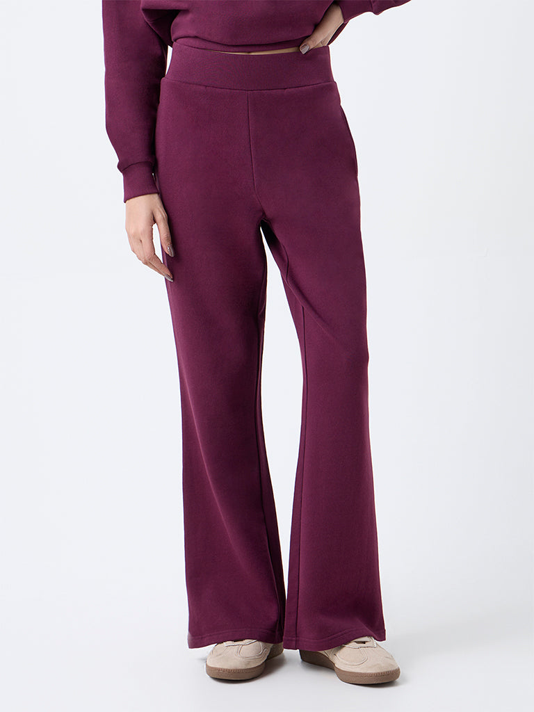 Studiofit Plum Solid High-Rise Cotton Pants