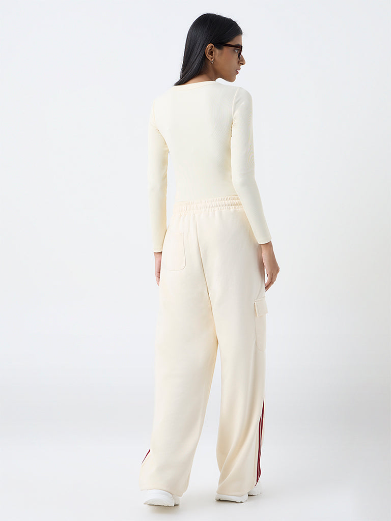 Studiofit Cream Stripe Detailed High-Rise Track Pants