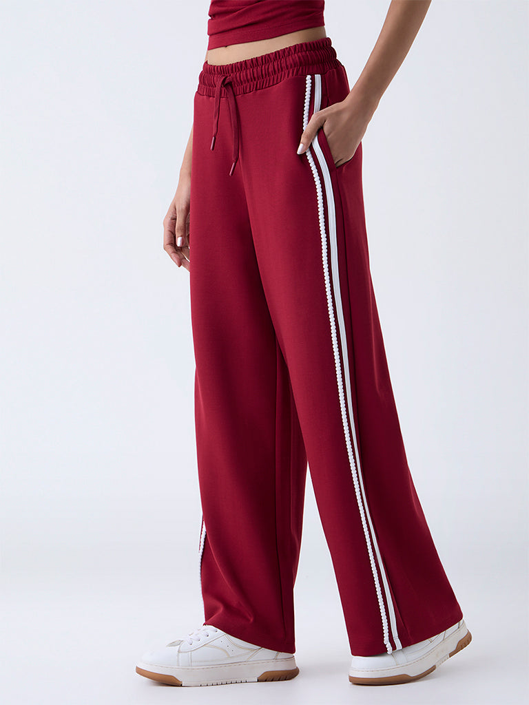 Studiofit Maroon Striped High-Rise Track Pants