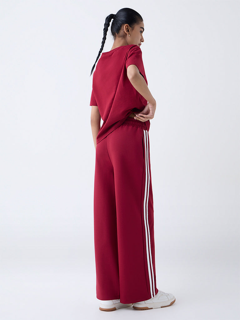 Studiofit Maroon Striped High-Rise Track Pants