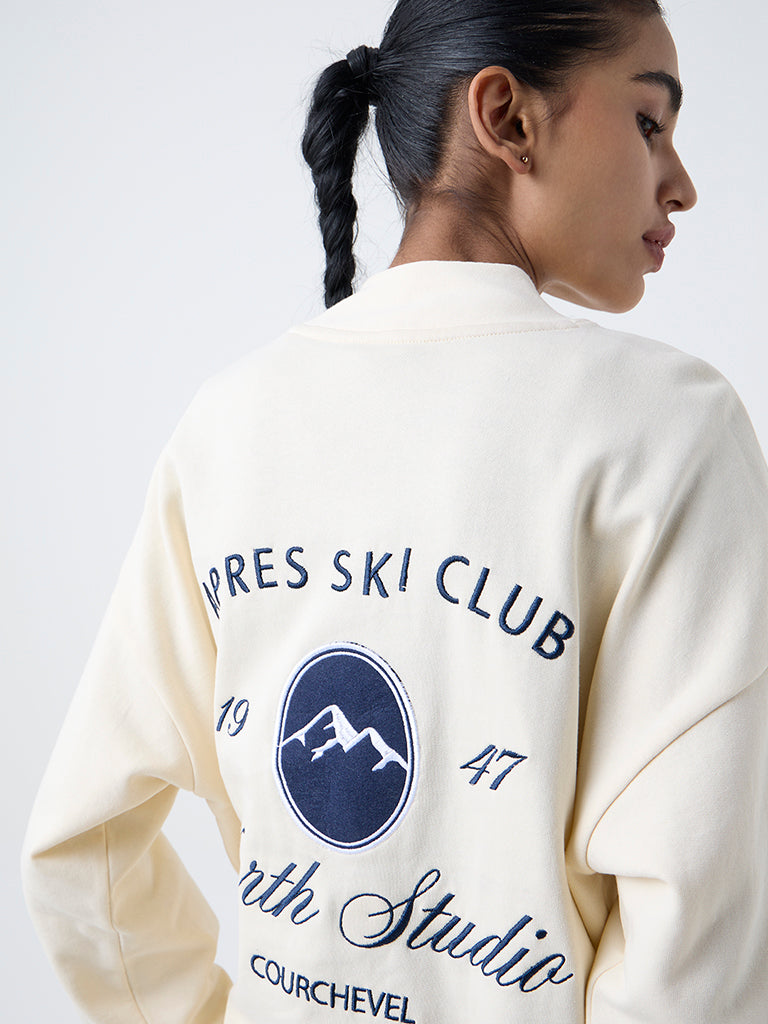 Studiofit Cream Text Design Cotton Sweatshirt