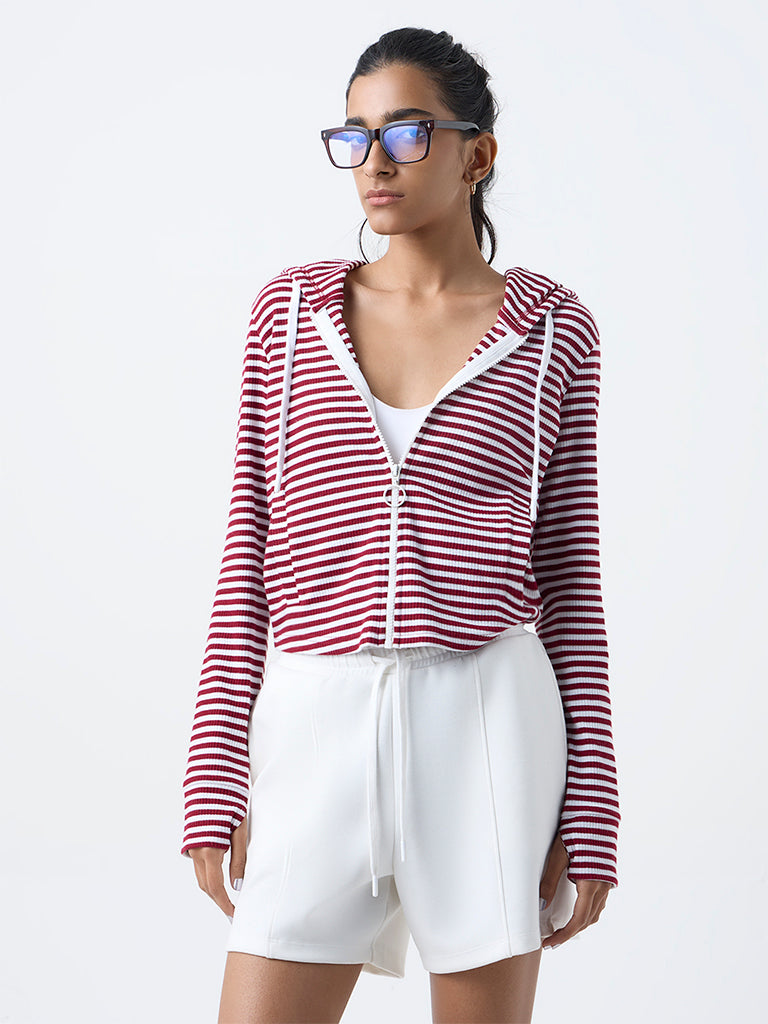 Studiofit Maroon Striped Hooded Jacket