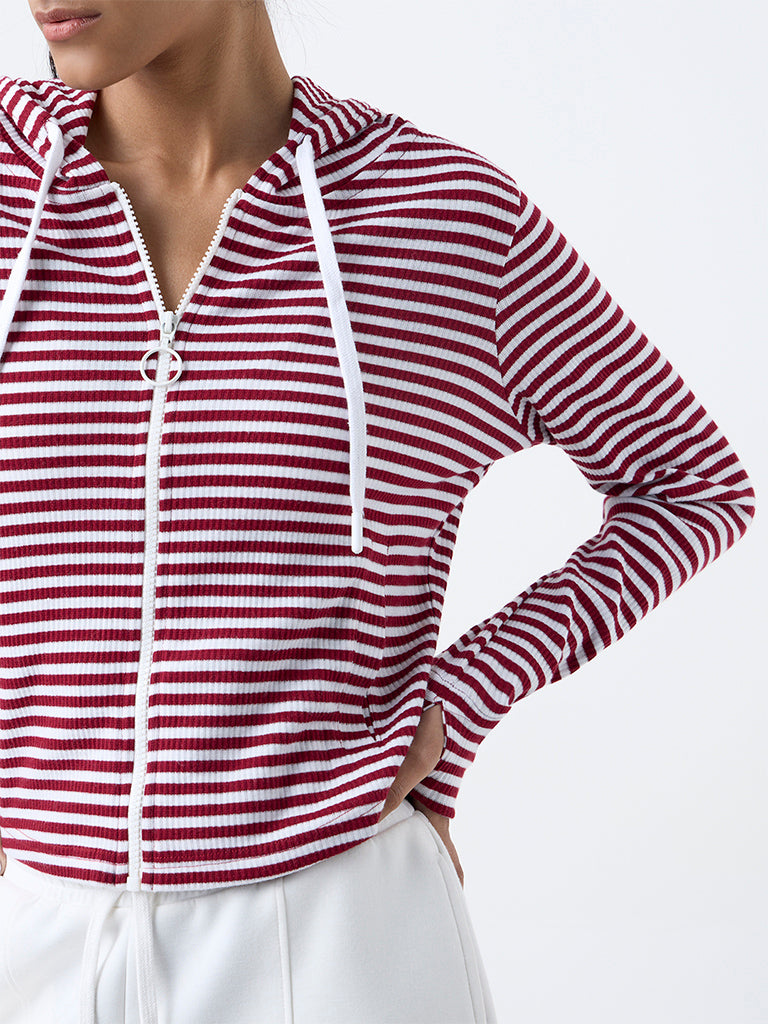 Studiofit Maroon Striped Hooded Jacket