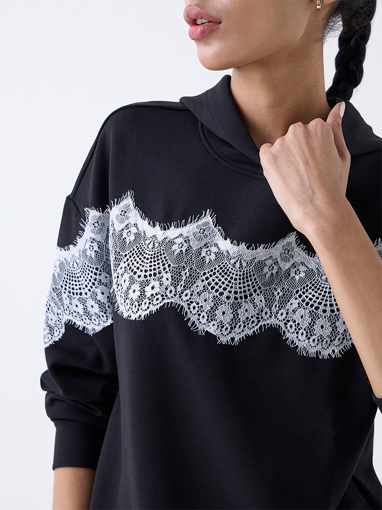 Studiofit Black Lace Detailed Hoodie