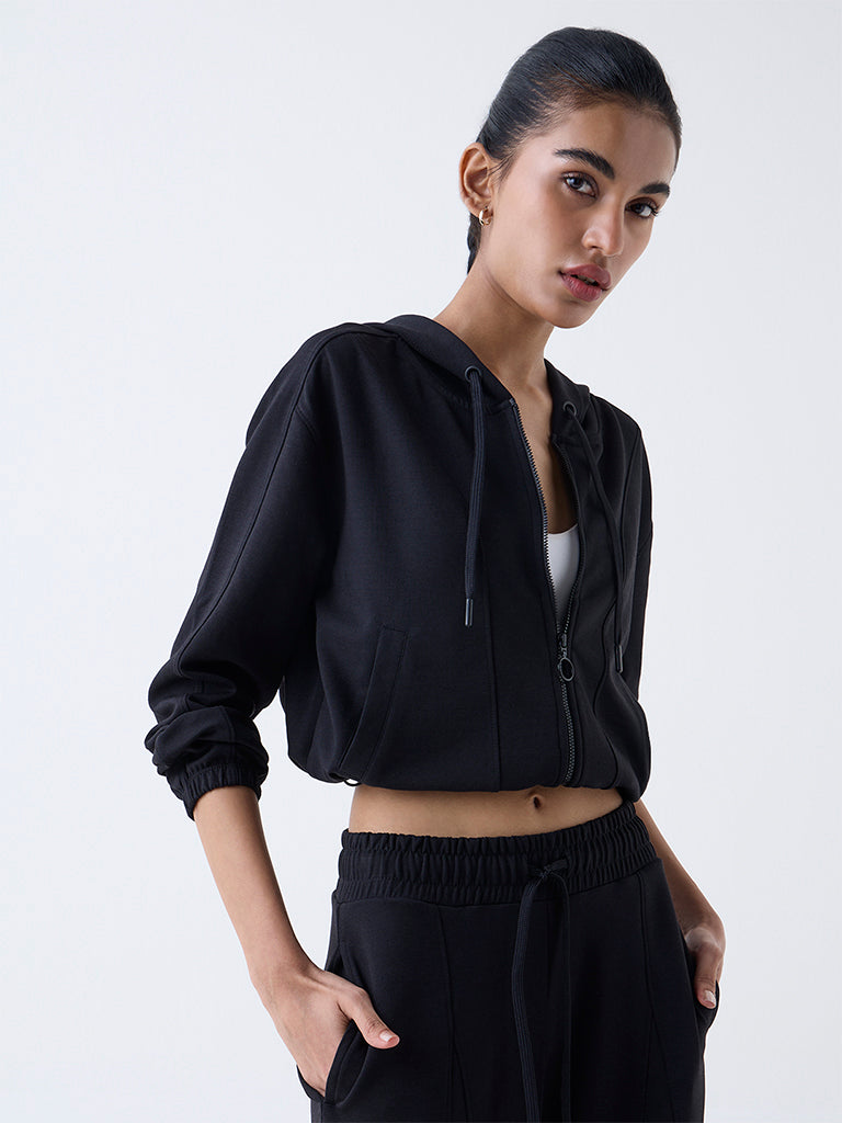 Studiofit Black Solid Hooded Jacket