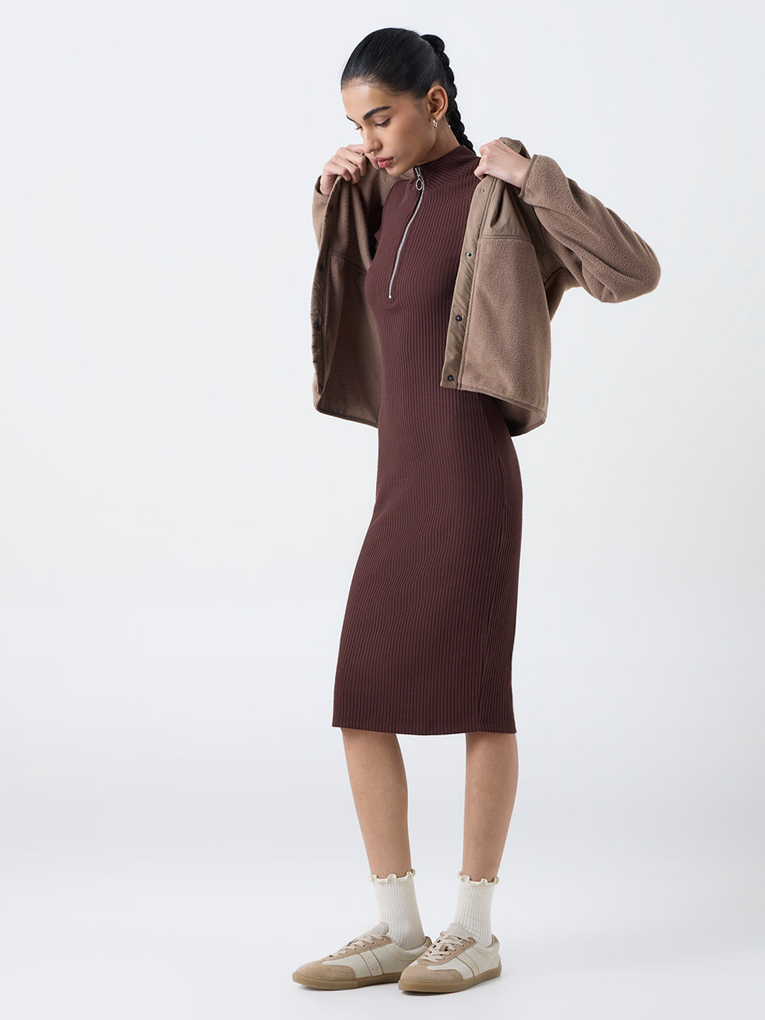 Studiofit Dark Brown Ribbed Quarter-Zip Bodycon Dress