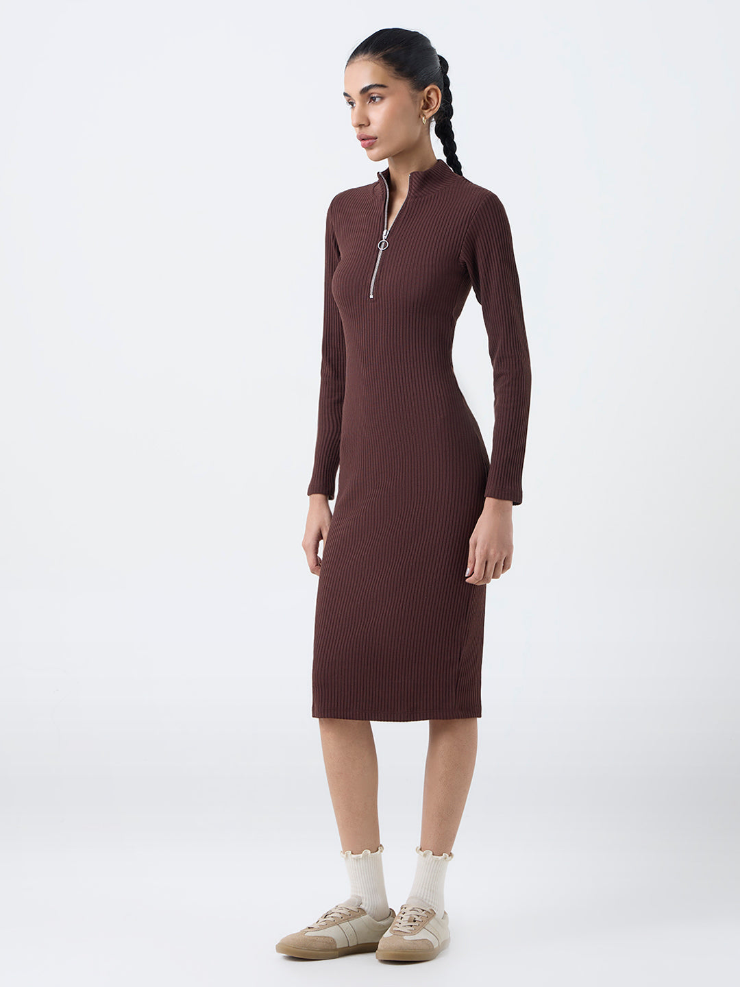 Studiofit Dark Brown Ribbed Quarter-Zip Bodycon Dress