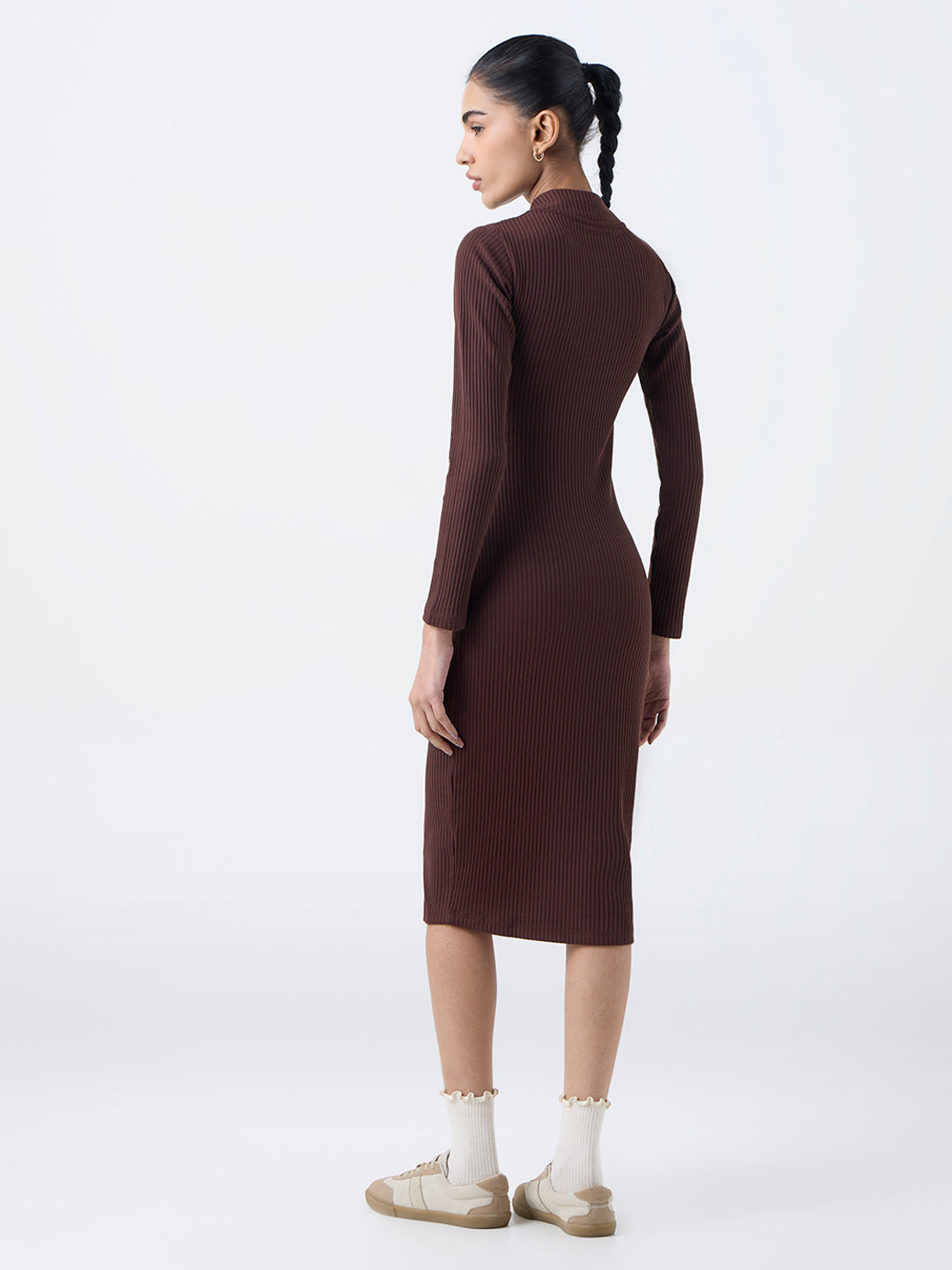 Studiofit Dark Brown Ribbed Quarter-Zip Bodycon Dress