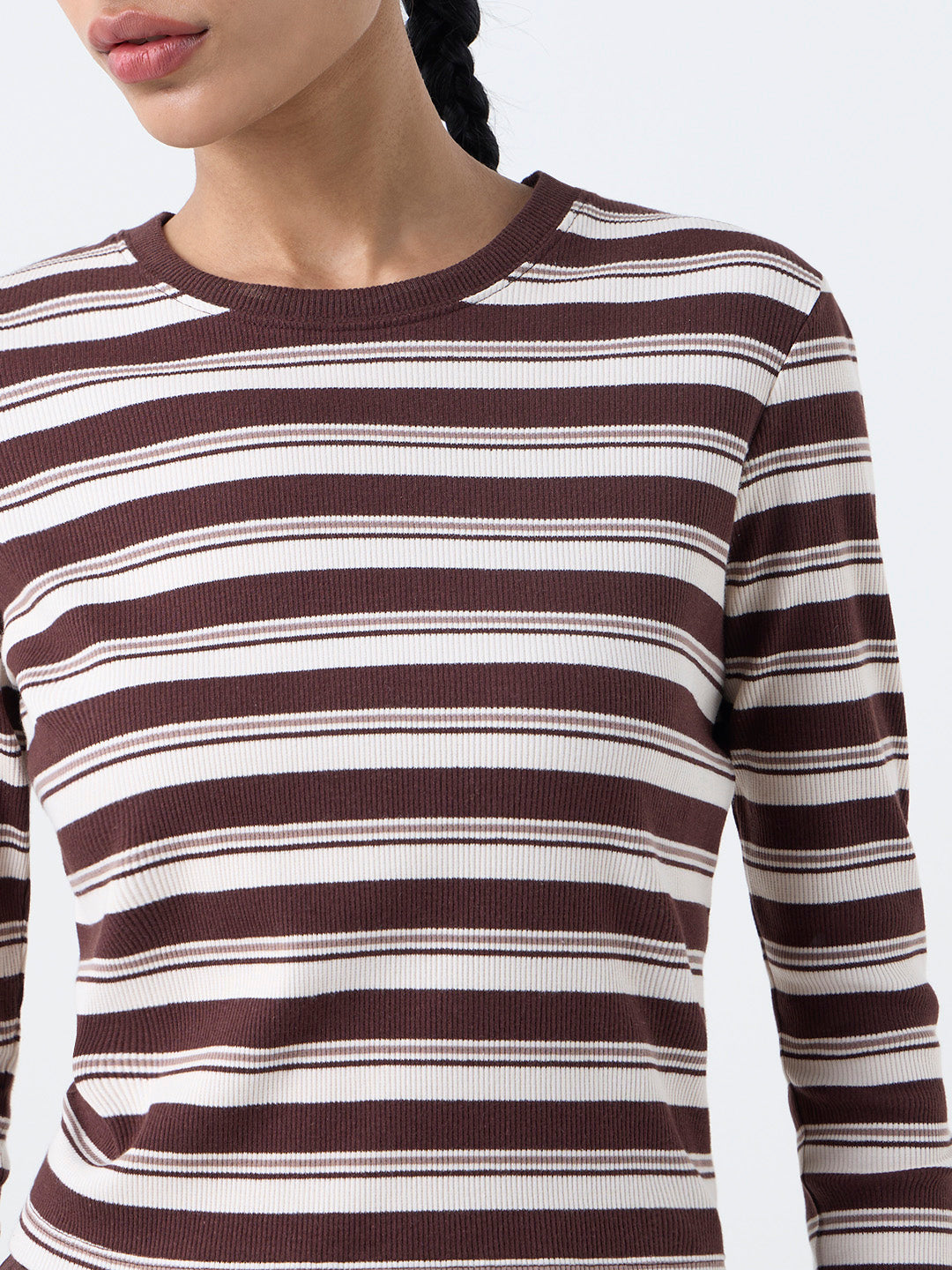 Studiofit Dark Brown Striped Cotton-Blend T-Shirt