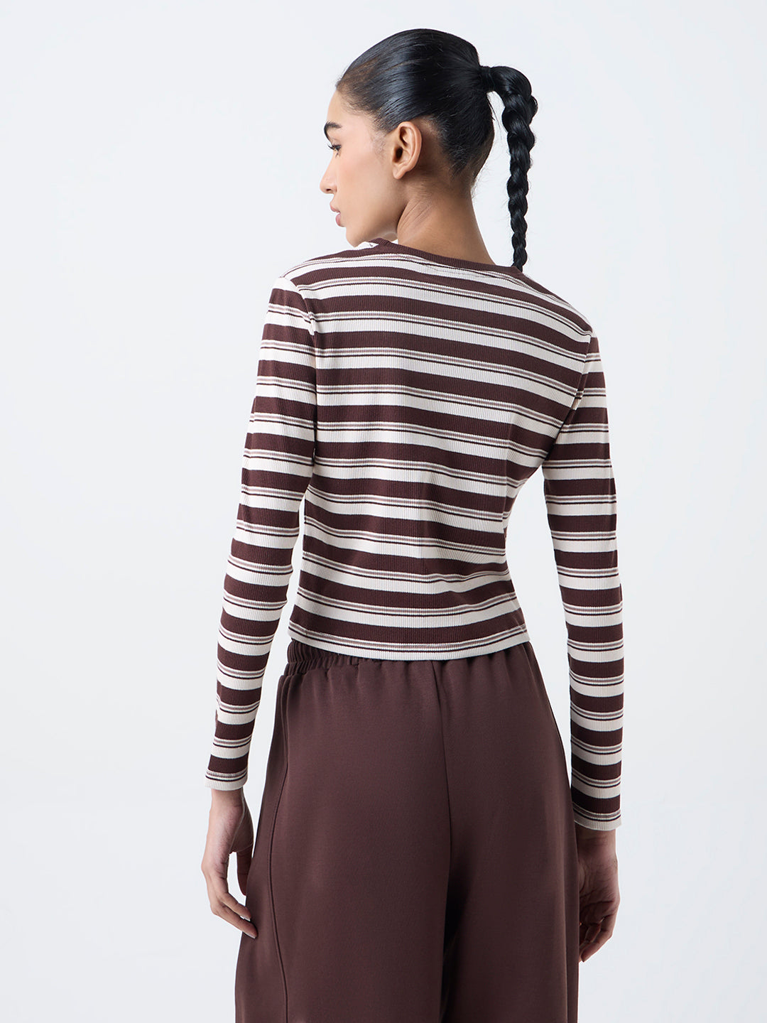 Studiofit Dark Brown Striped Cotton-Blend T-Shirt