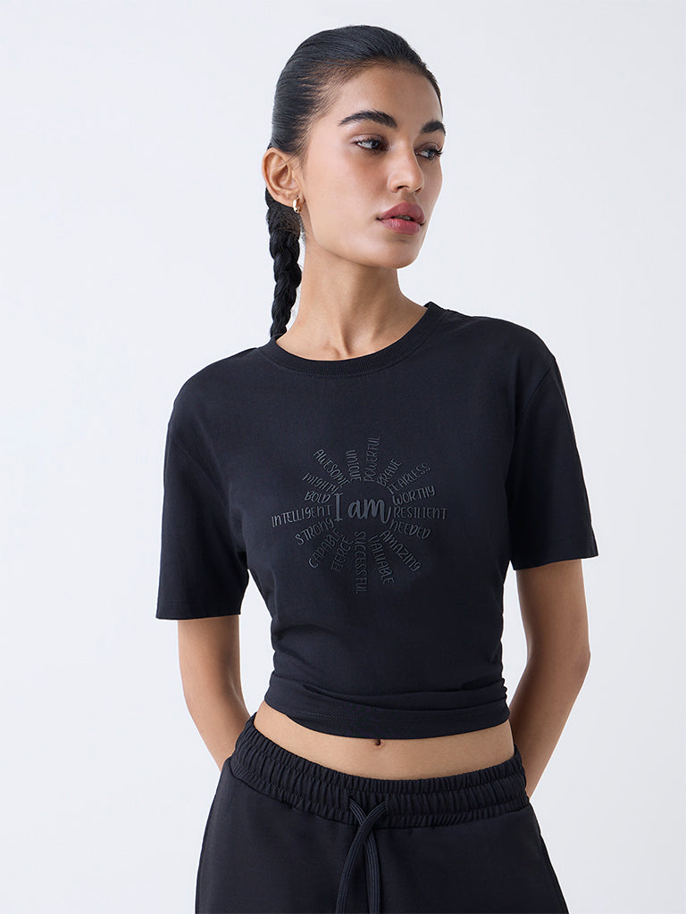Studiofit Black Text Design Cotton T-Shirt