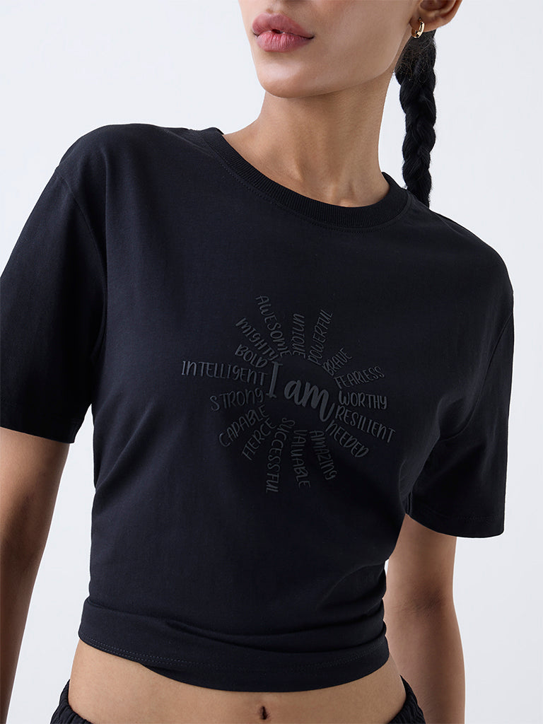 Studiofit Black Text Design Cotton T-Shirt