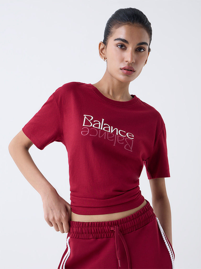 Studiofit Maroon Text Pattern Cotton T-Shirt