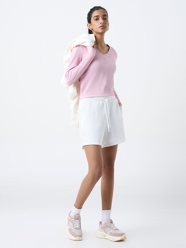 Studiofit Pink Ribbed-Textured T-Shirt