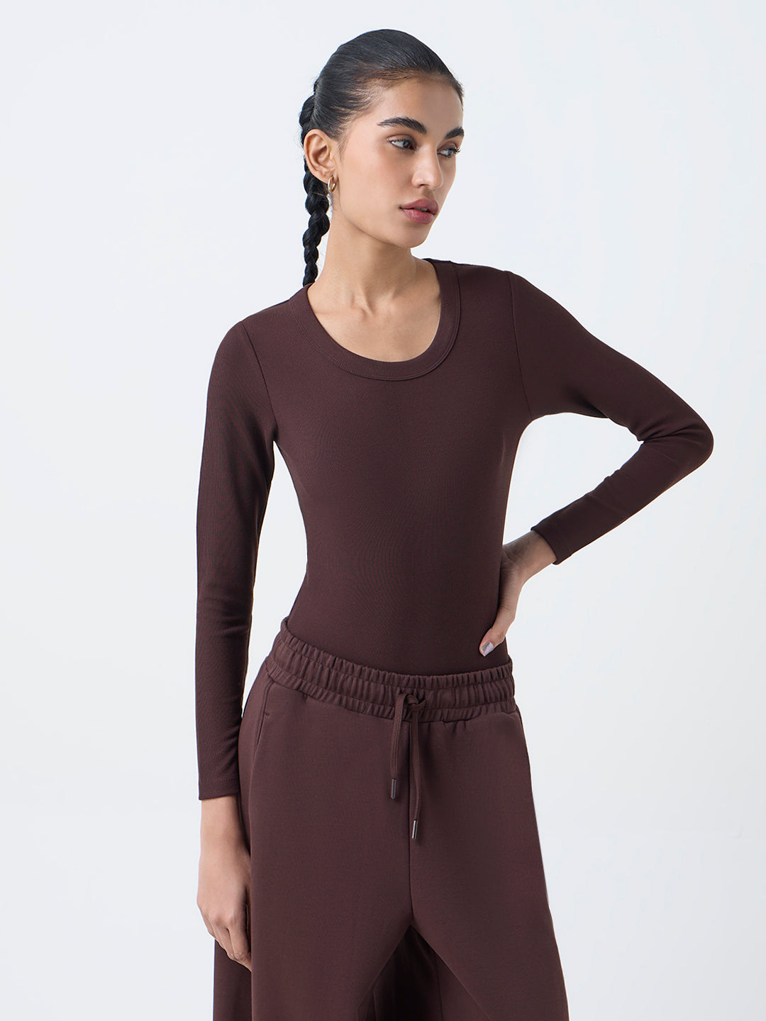 Studiofit Dark Brown Ribbed-Textured Bodysuit