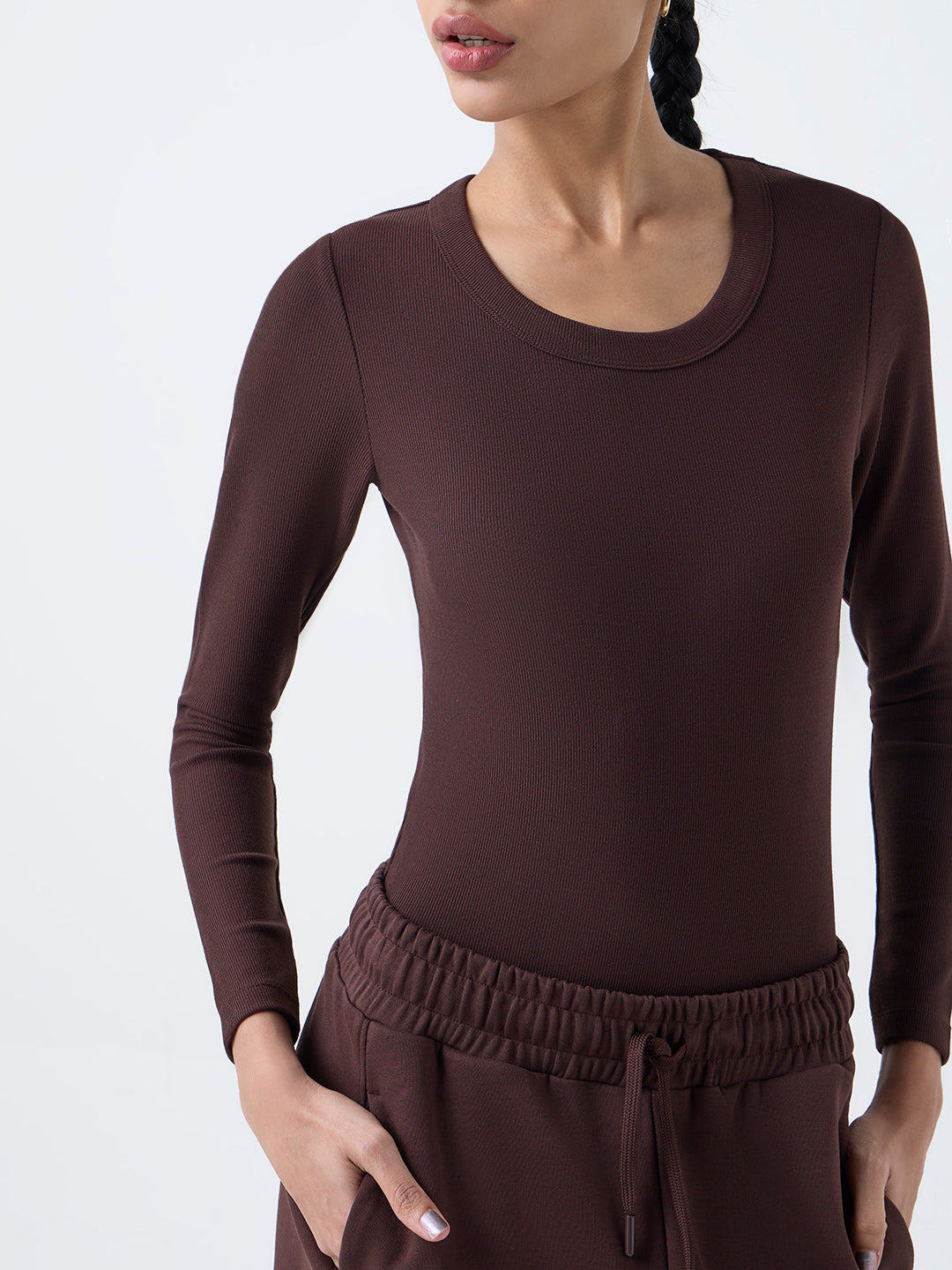 Studiofit Dark Brown Ribbed-Textured Bodysuit