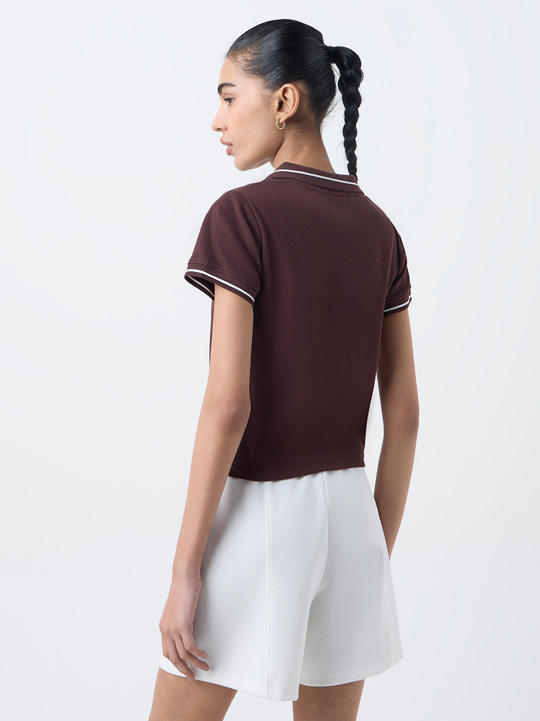 Studiofit Dark Brown Ribbed-Textured Cotton-Blend T-Shirt