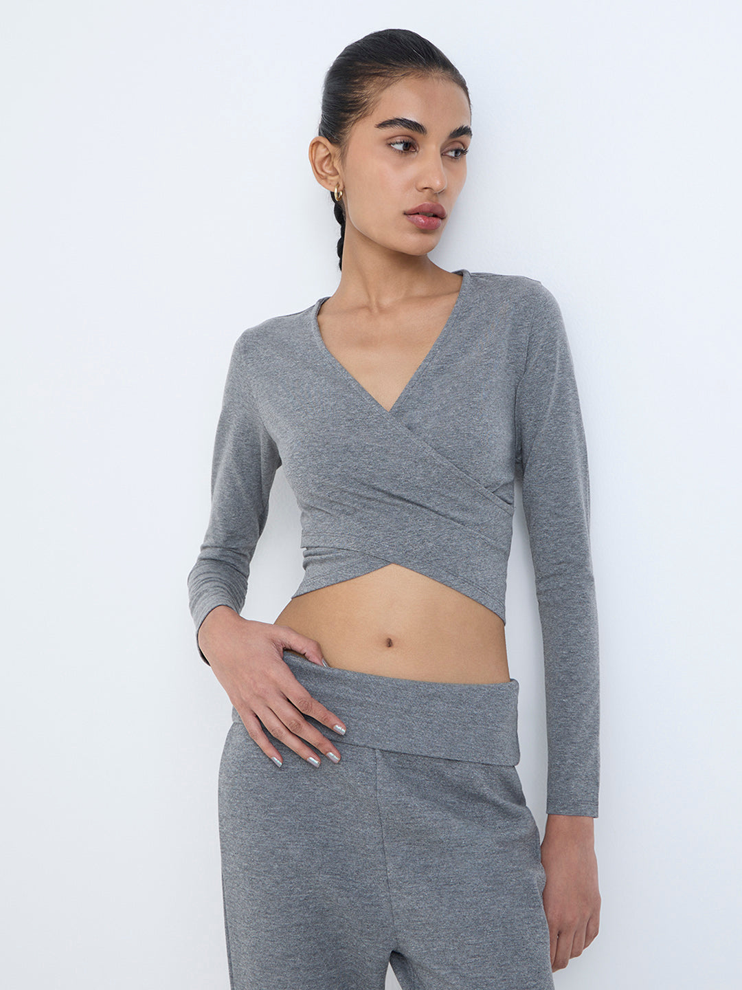 Studiofit Grey Criss-Cross Detailed Cotton-Blend T-Shirt