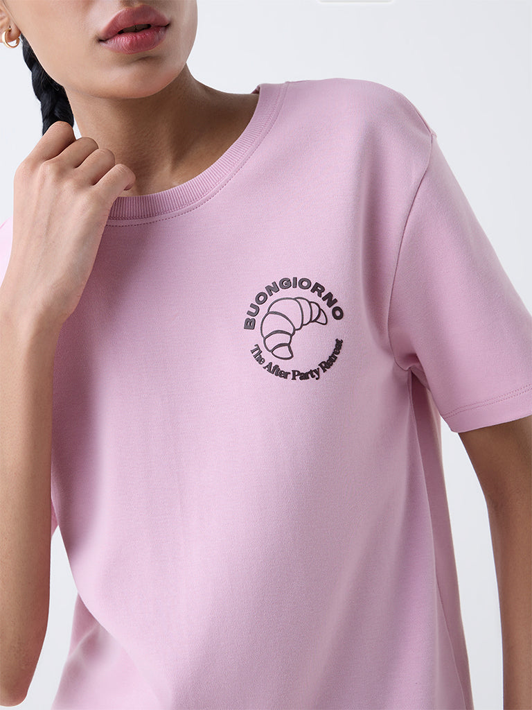Studiofit Pink Printed Cotton T-Shirt