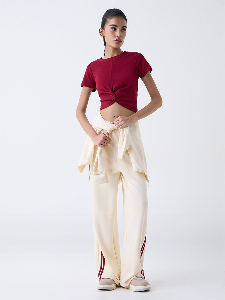 Studiofit Maroon Knot-Detailed Cotton-Blend T-Shirt