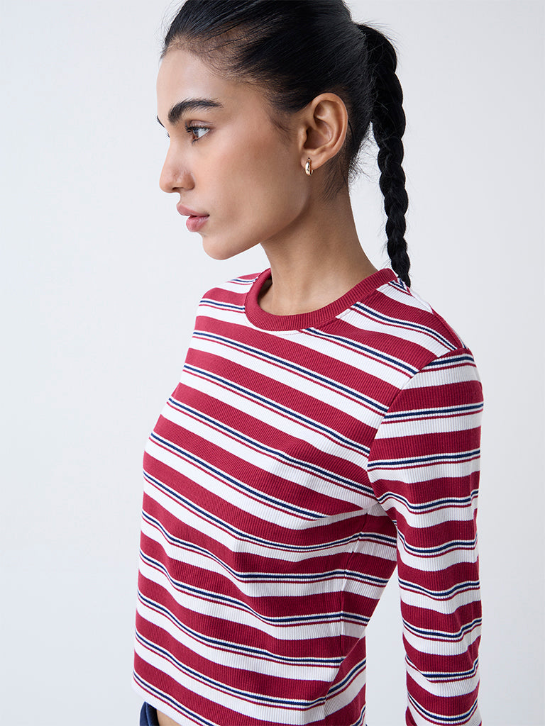 Studiofit Maroon Striped Cotton-Blend T-Shirt