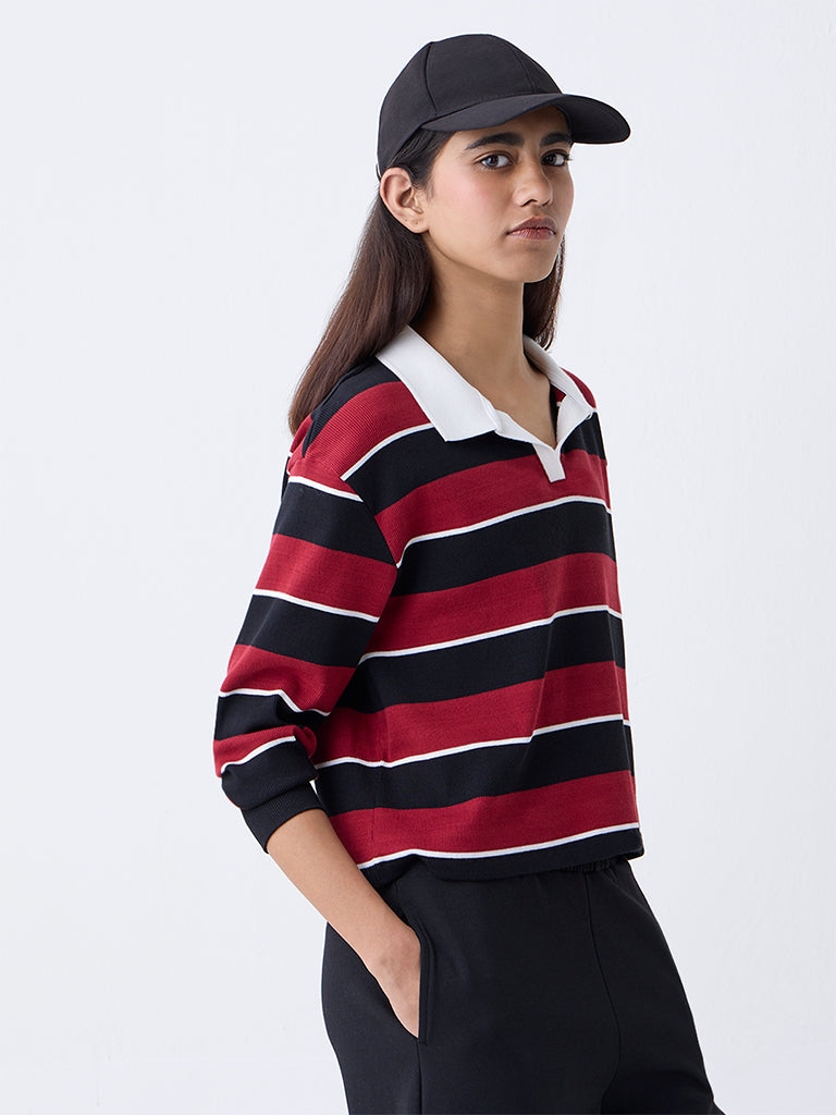 Studiofit Maroon Striped Cotton-Blend T-Shirt