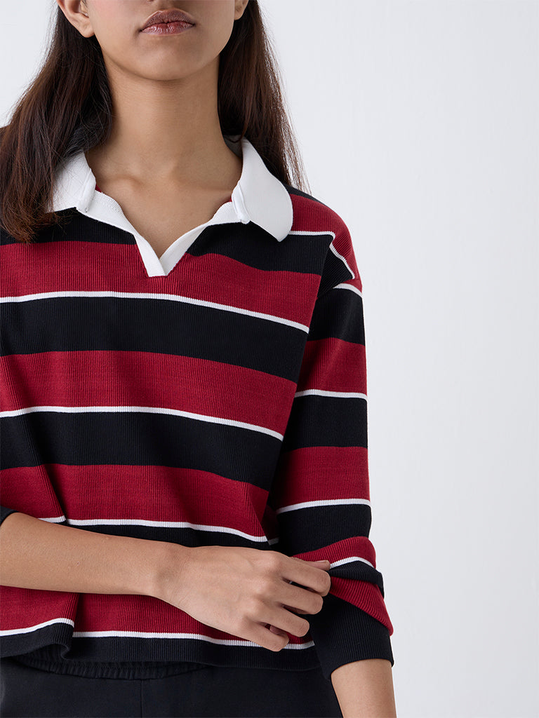 Studiofit Maroon Striped Cotton-Blend T-Shirt