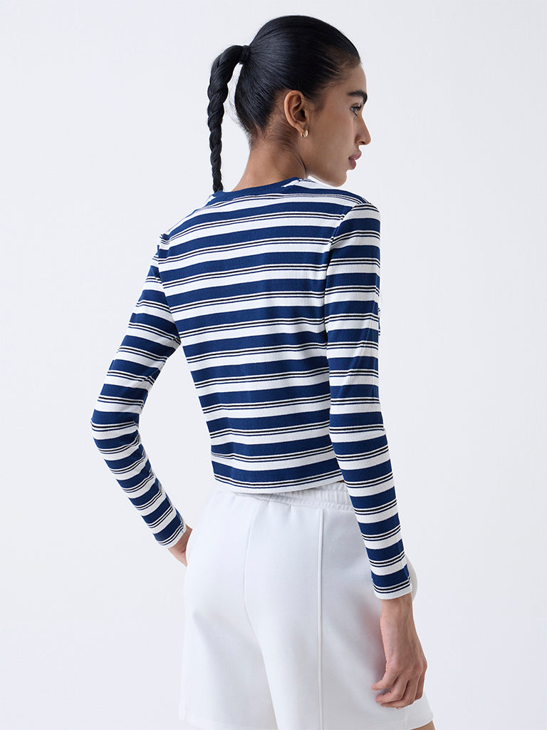 Studiofit Navy Striped Cotton-Blend T-Shirt