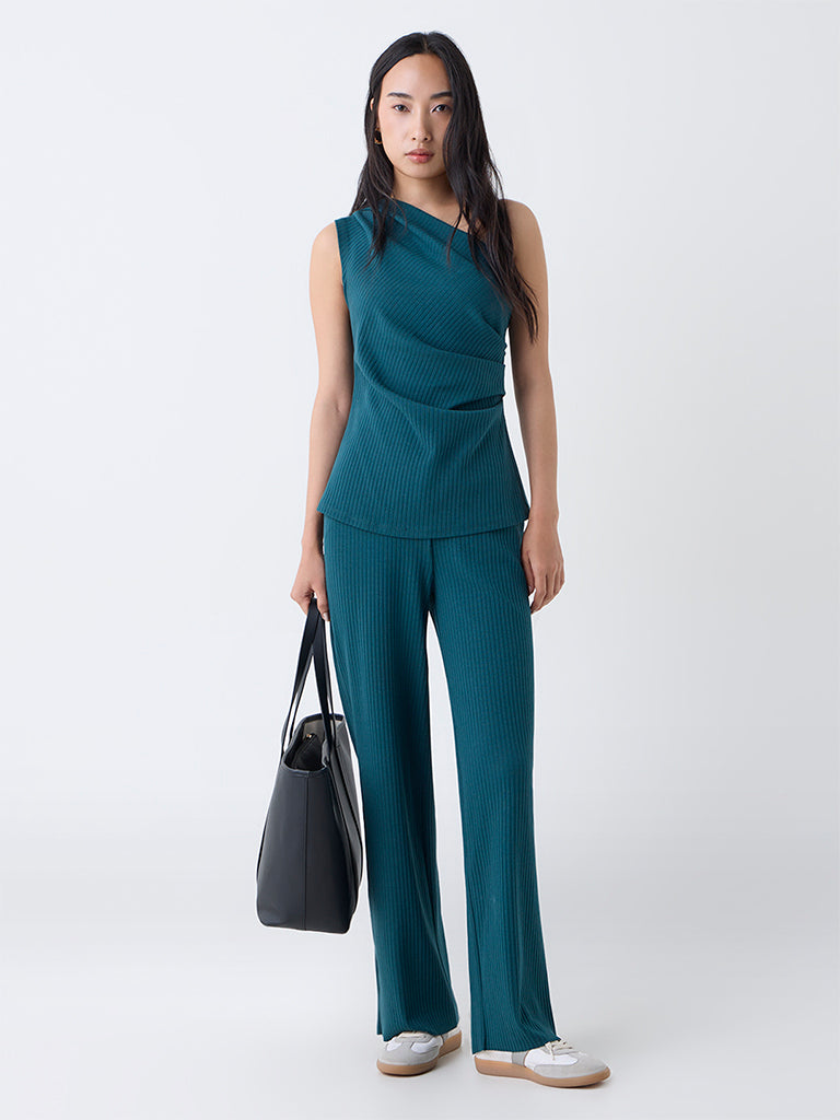 LOV Teal Ribbed-Textured High-Rise Cotton-Blend Pants