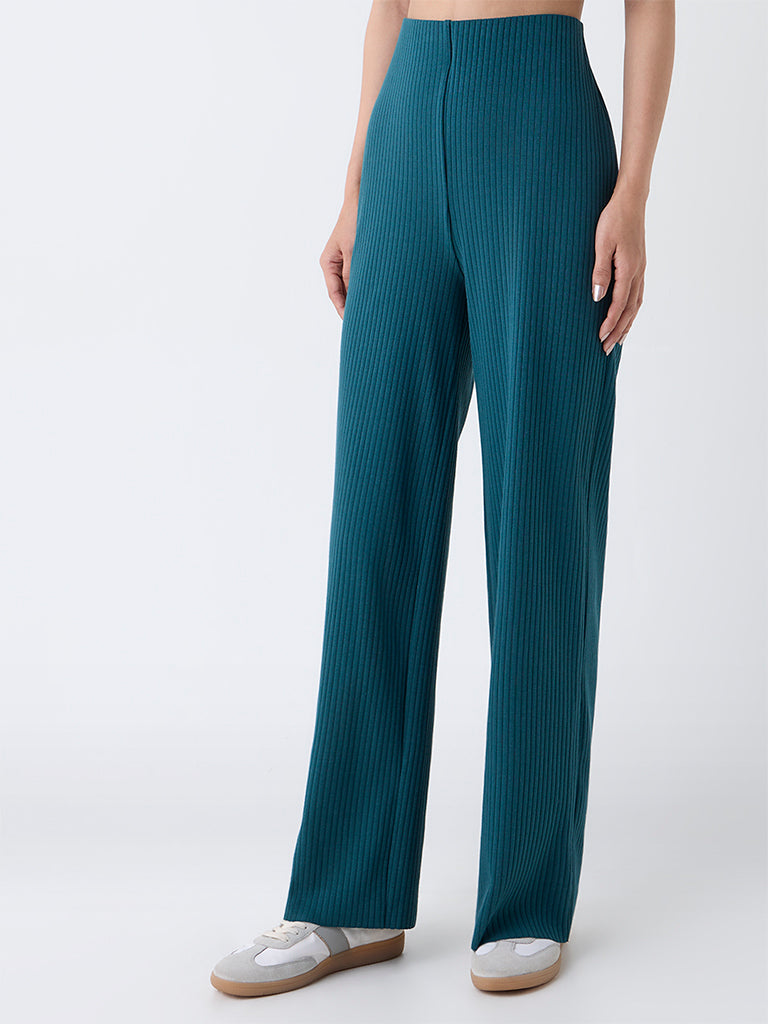 LOV Teal Ribbed-Textured High-Rise Cotton-Blend Pants