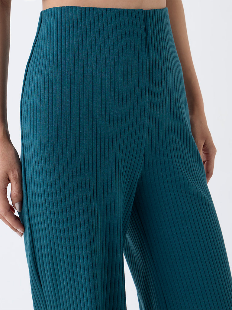 LOV Teal Ribbed-Textured High-Rise Cotton-Blend Pants
