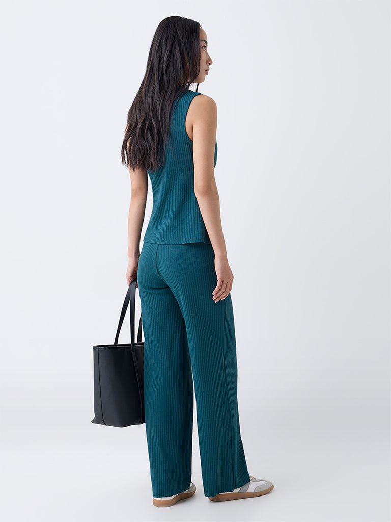 LOV Teal Ribbed-Textured High-Rise Cotton-Blend Pants