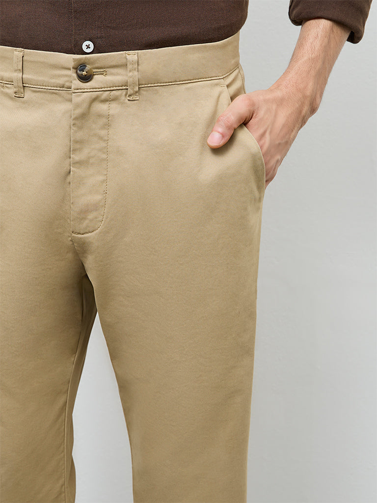 Ascot Khaki Relaxed-Fit Mid-Rise Cotton-Blend Trousers