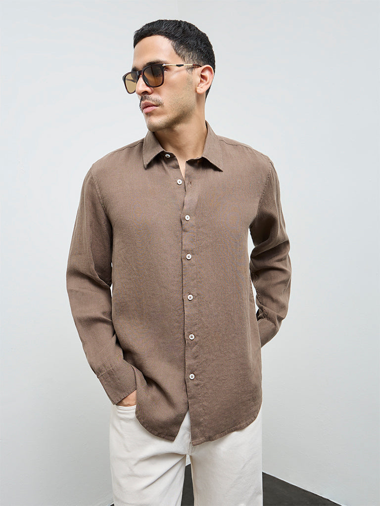 Ascot Brown Relaxed-Fit Linen Shirt