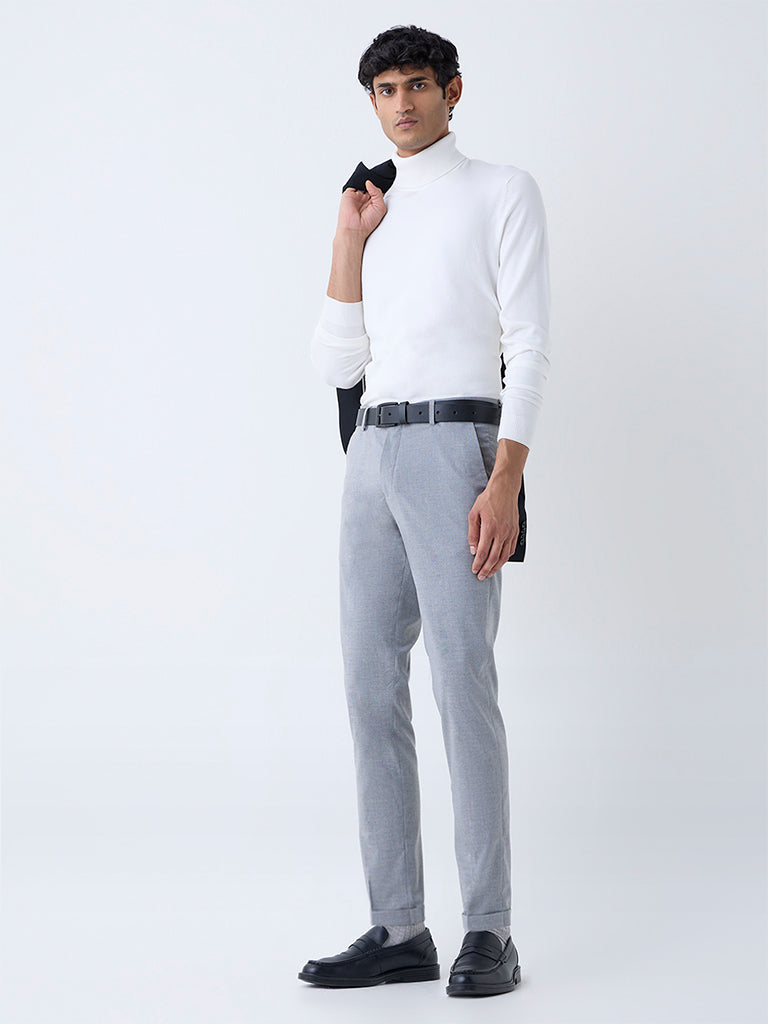 WES Formals Grey Self-Striped Slim-Fit Mid-Rise Trousers