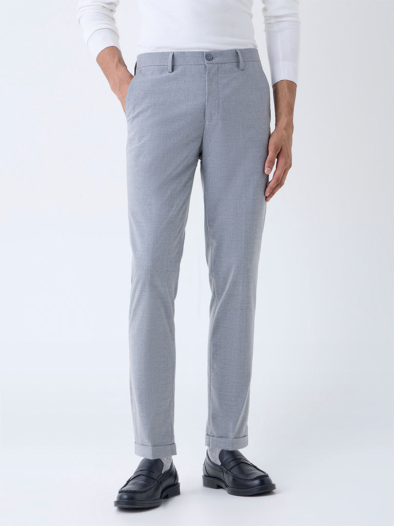 WES Formals Grey Self-Striped Slim-Fit Mid-Rise Trousers