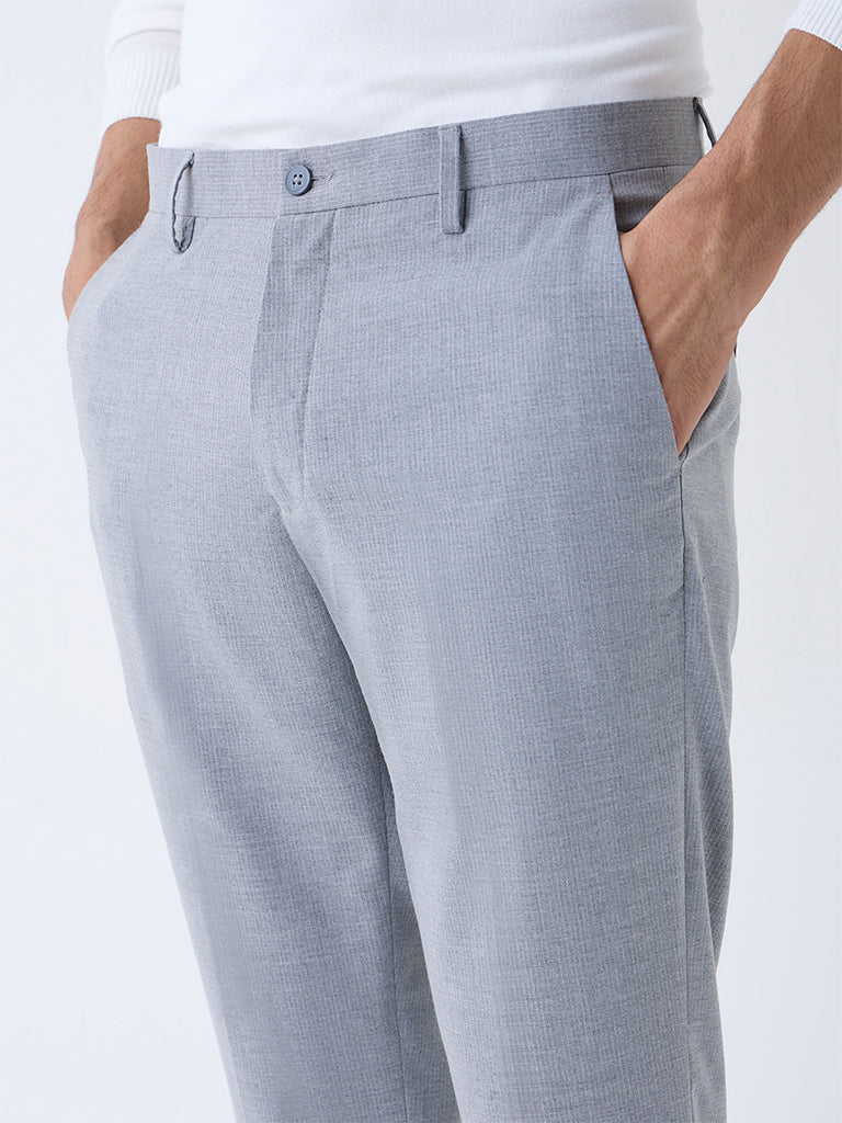 WES Formals Grey Self-Striped Slim-Fit Mid-Rise Trousers