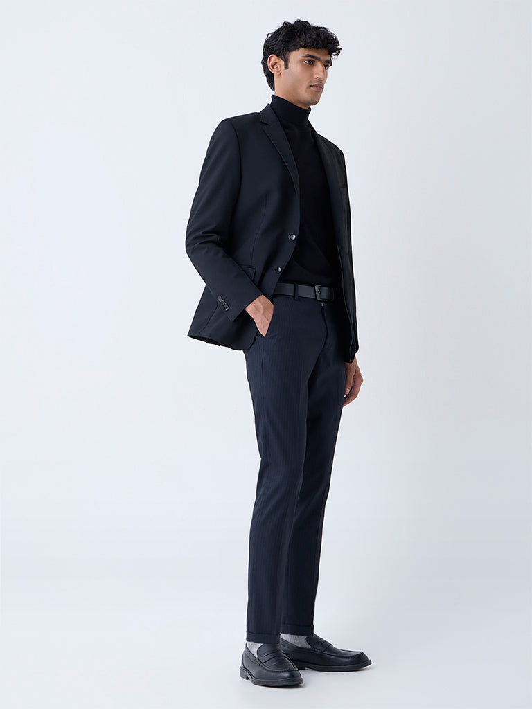 WES Formals Navy Self-Striped Slim-Fit Mid-Rise Trousers