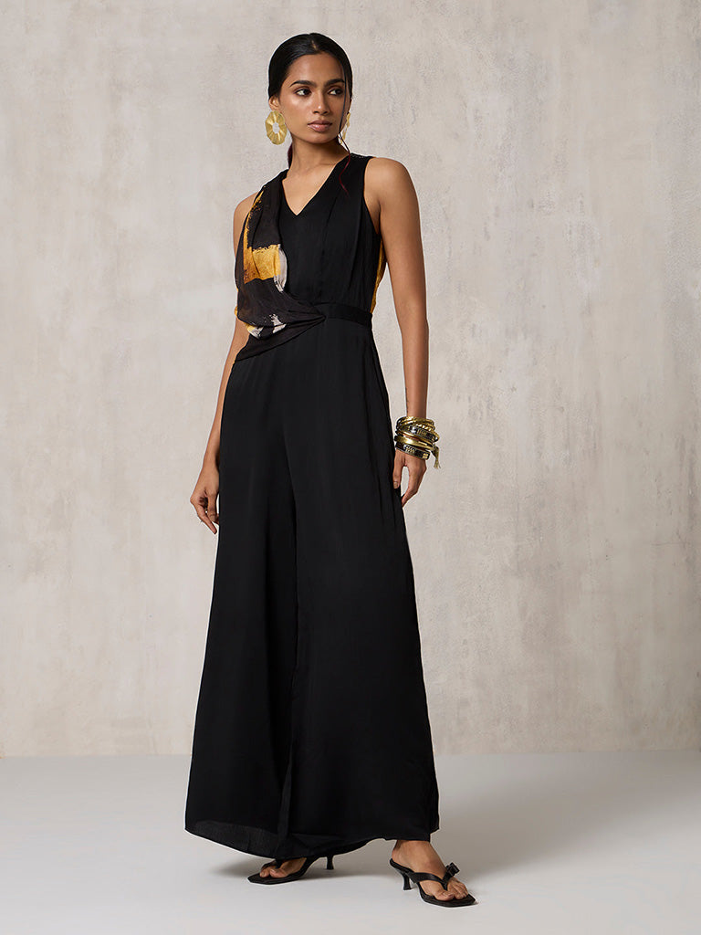 Printed Wide-Leg Black Jumpsuit