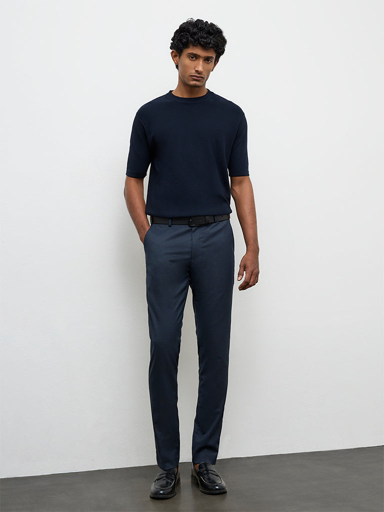 WES Formals Navy Printed Ultra Slim-Fit Mid-Rise Trousers