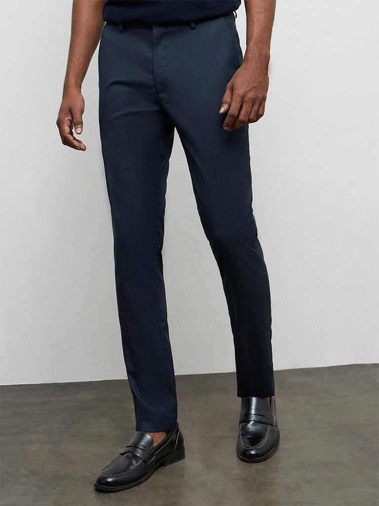 WES Formals Navy Printed Ultra Slim-Fit Mid-Rise Trousers