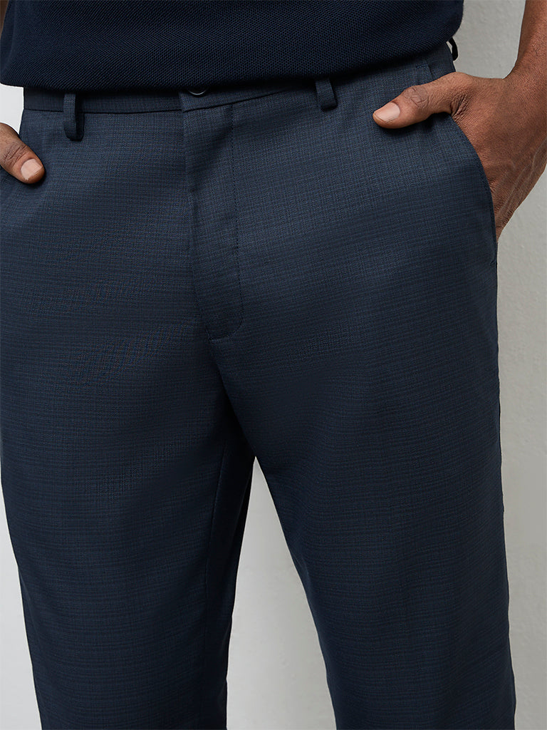 WES Formals Navy Printed Ultra Slim-Fit Mid-Rise Trousers
