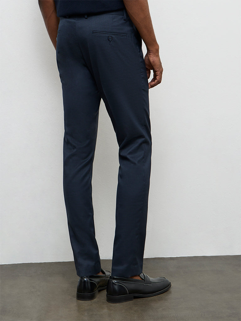 WES Formals Navy Printed Ultra Slim-Fit Mid-Rise Trousers