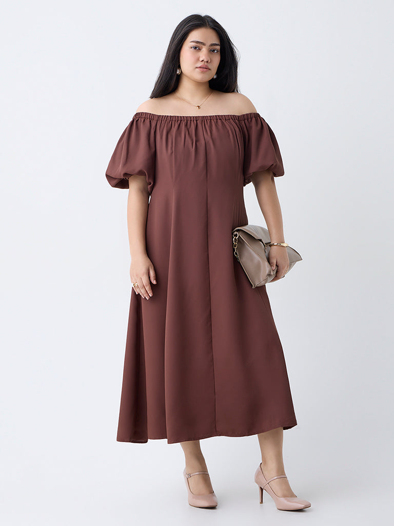 Gia Brown Solid Off-Shoulder Dress