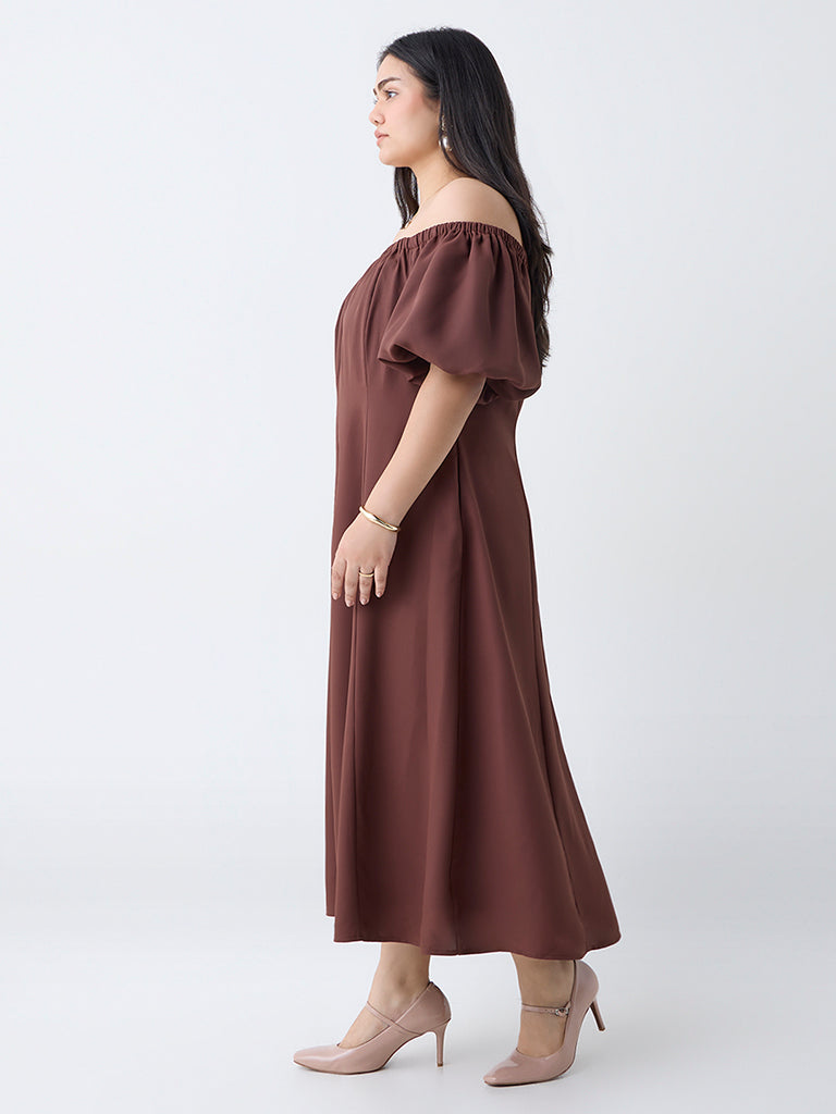 Gia Brown Solid Off-Shoulder Dress
