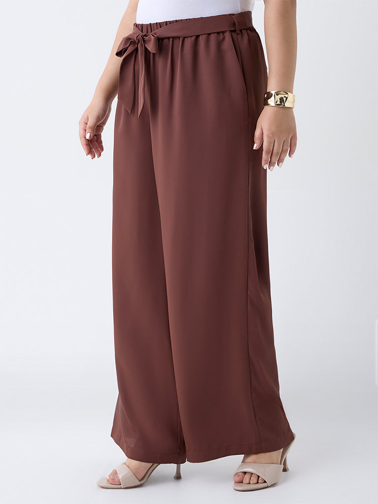Gia Dark Brown Solid High-Rise Pants with Belt