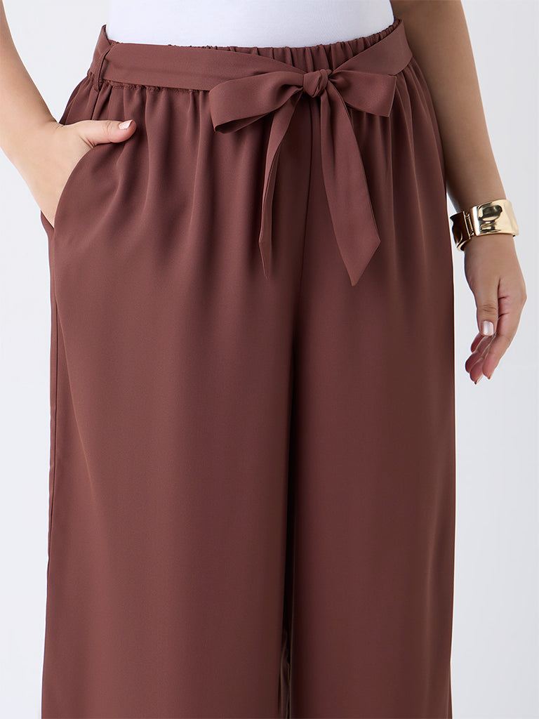 Gia Dark Brown Solid High-Rise Pants with Belt
