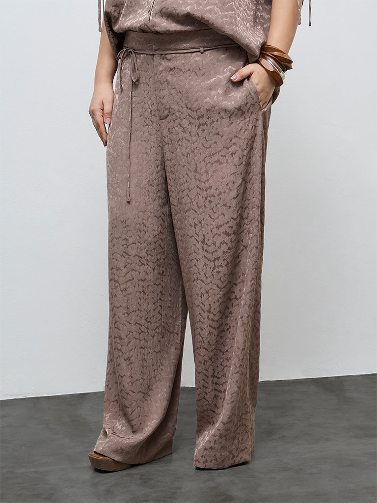 Gia Taupe Self-Patterned High-Rise Pants with Belt